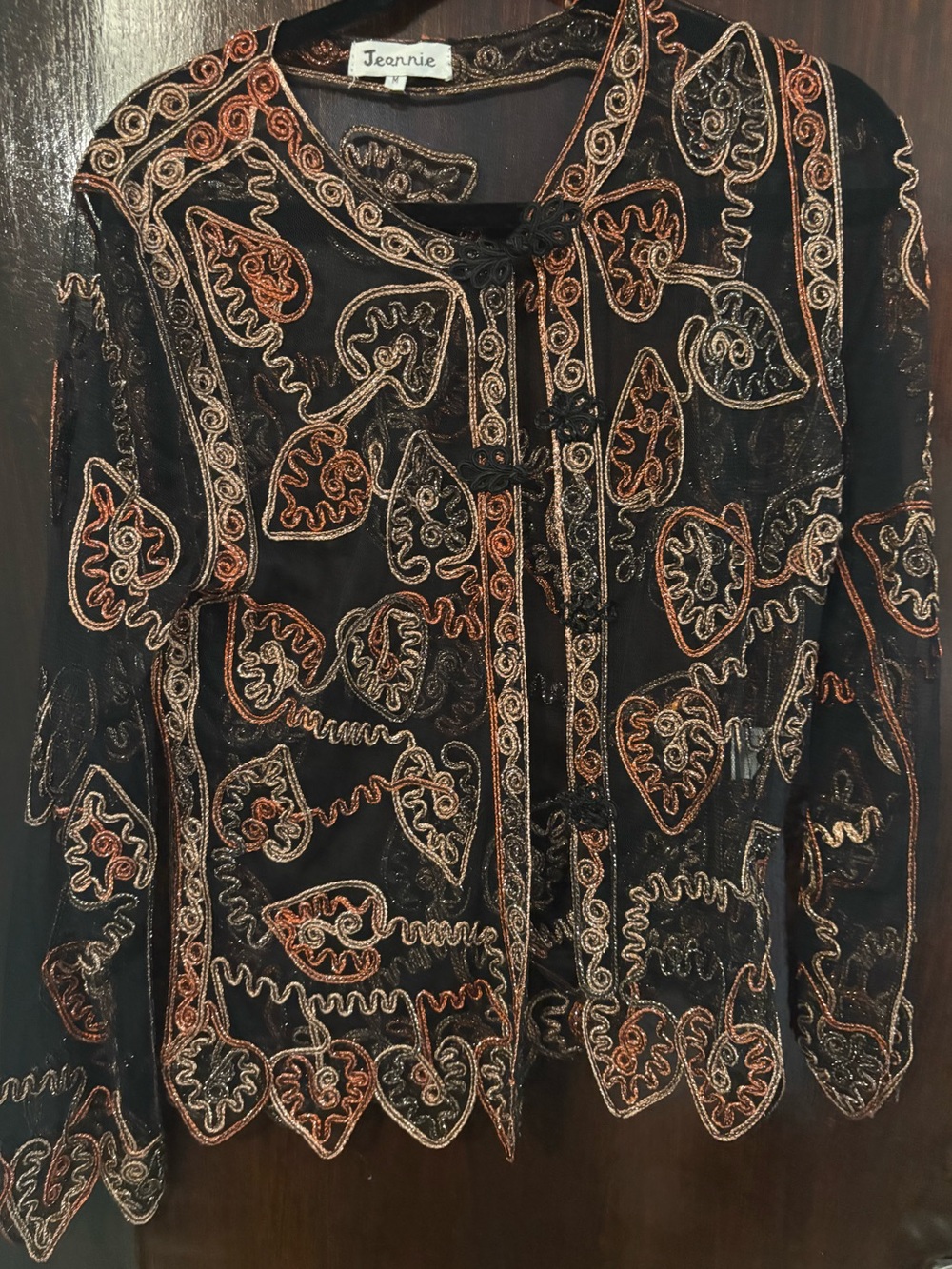 Jeannie Black Sheer Cardigan with Gold and Copper Embroidery. Size M.